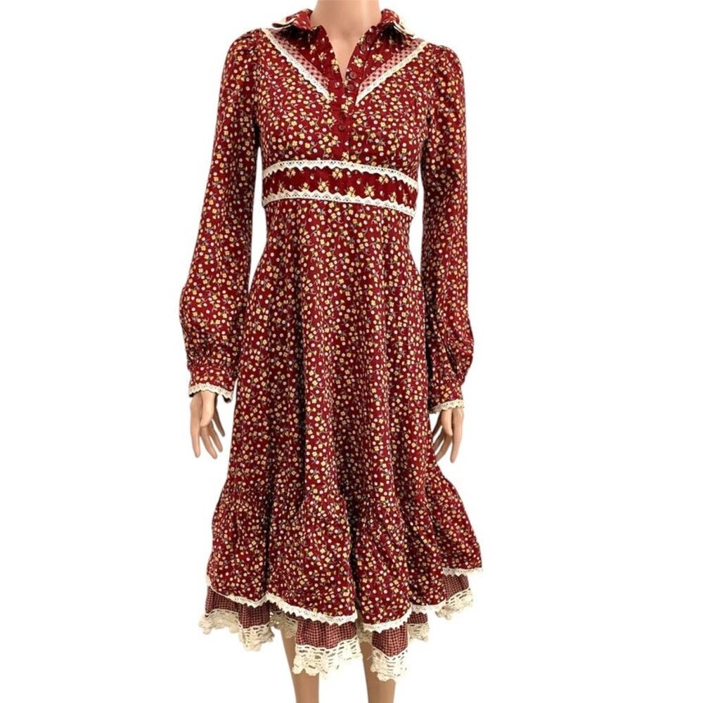 Gunne Sax 5 calico floral vintage lace crochet trim prairie dress D1 3412